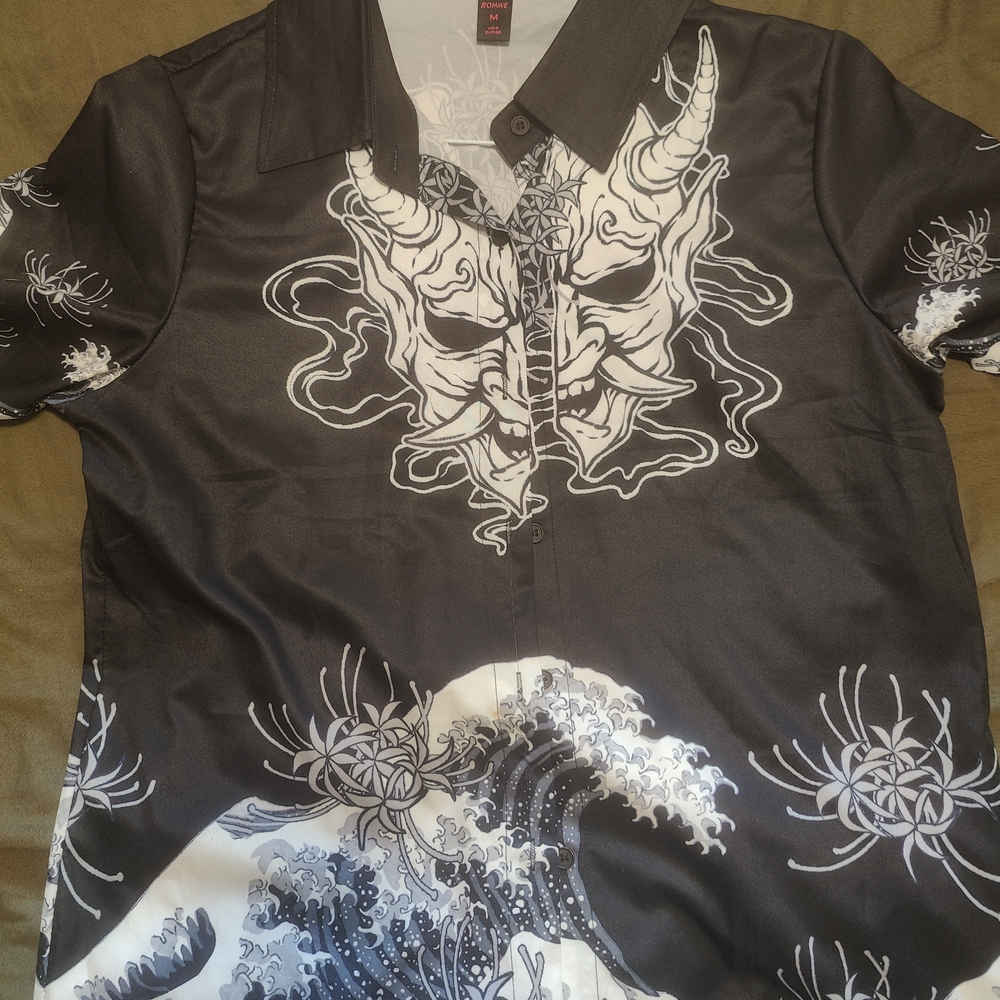 ROMWE Black and White Demon Print Button Down Shirt